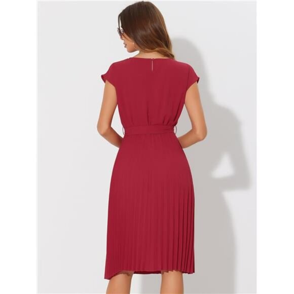 Women's Sleeve Tie Waist A-Line Dresses Wine Red - Picture 4 of 5